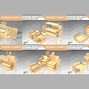 May include: A design example for a multi-level cardboard organizer. The organizer is made of brown cardboard and is designed to be assembled. The design is for a 4mm thick material and is 300 DPI. The text "SVG-DXF-PNG-JPG 300 DPI" and "MATERIAL WIDTH: 4MM" is visible on the image.