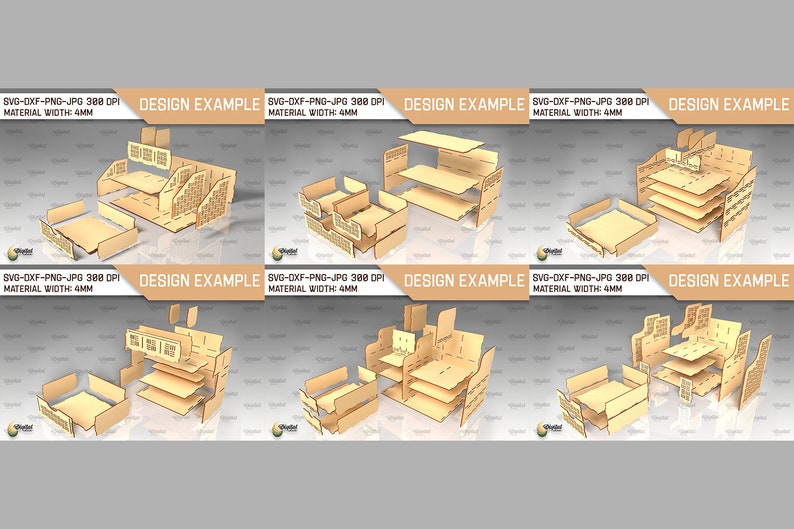 May include: A design example for a multi-level cardboard organizer. The organizer is made of brown cardboard and is designed to be assembled. The design is for a 4mm thick material and is 300 DPI. The text "SVG-DXF-PNG-JPG 300 DPI" and "MATERIAL WIDTH: 4MM" is visible on the image.