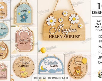 May include: A collection of ten wooden name signs with various designs, including a sheep, elephant, whale, rainbow, duck, and teddy bear. Each sign features a name and decorative elements, suitable for any material thickness.