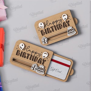Porta tarjetas de regalo deslizante 3D, linda caja para tarjetas de regalo cortada con láser, SVG de feliz cumpleaños, estuche de madera para tarjetas de regalo con control deslizante, soporte para tarjetas de regalo