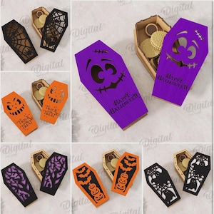 3D Halloween coffin boxes bundle, spooky candy holder laser cut, Halloween quotes svg, storage box, box with lid, wooden gift box