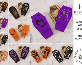 3D Halloween coffin boxes bundle, spooky candy holder laser cut, Halloween quotes svg, storage box, box with lid, wooden gift box