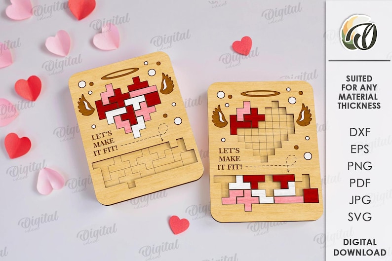 May include: Two wooden heart-shaped puzzles with the text "LET'S MAKE IT FIT!" and a pixelated heart design in red, pink, and white. The puzzles are surrounded by paper hearts.