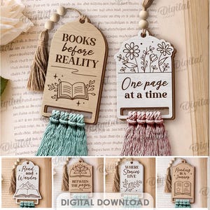 May include: A collection of ten wooden bookmarks with various designs and quotes, including "Books Before Reality" and "One Page at a Time." Each bookmark features a tassel and a wooden bead. The image also includes the text "10 Designs" and "Digital Download."