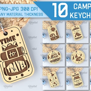 May include: Ten different camping-themed wooden keychains with various designs and text. The keychains feature phrases like "Time to Travel", "Camping is my Therapy", and "Never Stop Exploring".