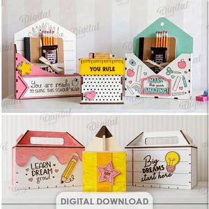 Puede incluir: Una colección de diez diseños de cajas decorativas de madera para material escolar, con varios temas como lápices, sobres y cuadernos. Las cajas incluyen textos como You Rule, Make This Year Amazing y Big Dreams Start Here, con un grosor de material de 3 mm.