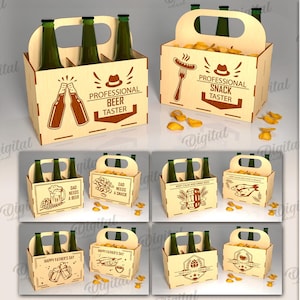 Paquete de porta cerveza y golosinas de madera 3D, porta cerveza y bocadillos cortados con láser, citas del día del padre svg, caja portátil para botellas de cerveza y bocadillos svg