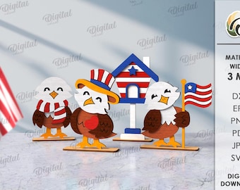 3D 4th of July characters, layered eagle stand laser cut, wooden shelf sitter, Independence day, cute patriotic stand svg, america svg