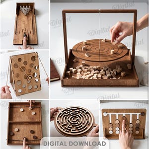 Paquete de juegos de mesa, archivos de corte láser para juegos de mesa infantiles, minijuego de cornhole, SVG para actividades familiares, laberinto, rompecabezas, cuatro en raya, bolos