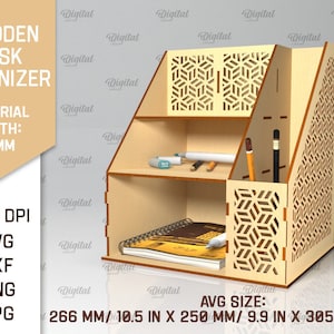 May include: A wooden desk organizer with three shelves and a geometric pattern on the front. The organizer is 10.5 inches wide by 9.9 inches deep by 12 inches tall. The material width is 4 mm.