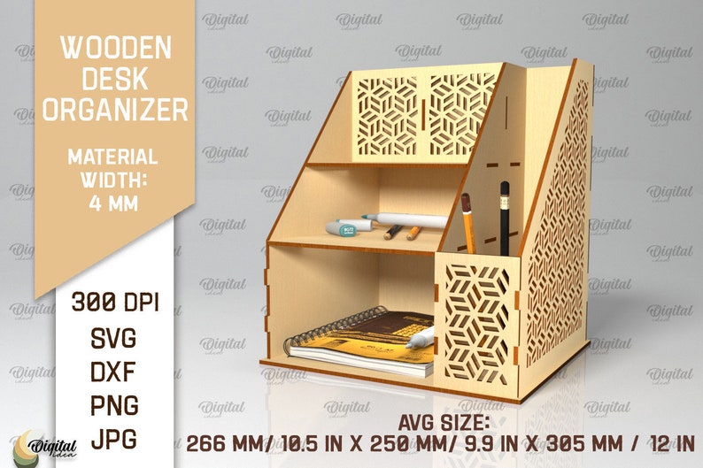 May include: A wooden desk organizer with three shelves and a geometric pattern on the front. The organizer is 10.5 inches wide by 9.9 inches deep by 12 inches tall. The material width is 4 mm.