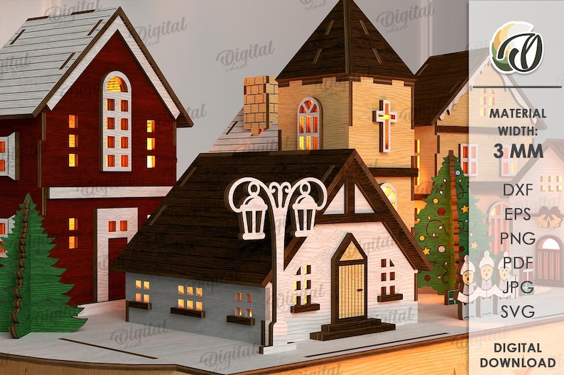 May include: A laser-cut wooden Christmas village scene with several buildings, including a church with a cross and a house with a street lamp. The buildings have illuminated windows. The material width is 3 mm.