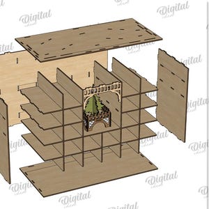 May include: An exploded view of a wooden shelf unit with multiple shelves and a decorative archway. The material width is 3 mm. The image also includes file format options: DXF, EPS, PNG, PDF, JPG, and SVG. The words "Digital Download" are also present.