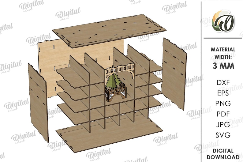 May include: An exploded view of a wooden shelf unit with multiple shelves and a decorative archway. The material width is 3 mm. The image also includes file format options: DXF, EPS, PNG, PDF, JPG, and SVG. The words "Digital Download" are also present.