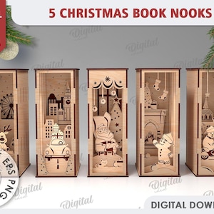 3D クリスマス ブック ヌーク バンドル、レーザー カット ブック ホルダー デザイン、クリスマス シーン ブック シェルフ デコレーション グローフォージ、木製レイヤー シェルフ インサート svg