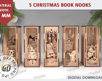 3D kerstboek hoekjes bundel, lasergesneden boekenhouder ontwerpen, kerstscène boekenplank decor glowforge, houten gelaagde plank invoegen svg