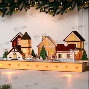 May include: A wooden Christmas village scene with illuminated houses, trees, and figures. The houses are various colors, and the base has star-shaped cutouts. The image includes text that says "MATERIAL WIDTH: 3 MM" and "DIGITAL DOWNLOAD".