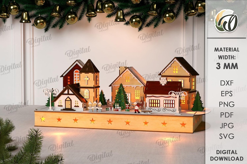 May include: A wooden Christmas village scene with illuminated houses, trees, and figures. The houses are various colors, and the base has star-shaped cutouts. The image includes text that says "MATERIAL WIDTH: 3 MM" and "DIGITAL DOWNLOAD".