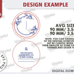 May include: Two round, red-bordered, blue-lined designs with a wreath of leaves and a blank space for text. The text "& with full hearts, joyfully invite you to their wedding" is on the bottom design. The text "AVG SIZE: 90 MM/ 3,54 IN 90 MM/ 3,54 IN" and "NOTE: YOU CAN CHANGE THE SIZE OF THE DESIGNS HOWEVER YOU LIKE, BUT BE CAREFUL WHEN MAKING THEM SMALLER AS SOME PARTS BECOME THINNER AND EASIER TO BREAK." is below the designs.