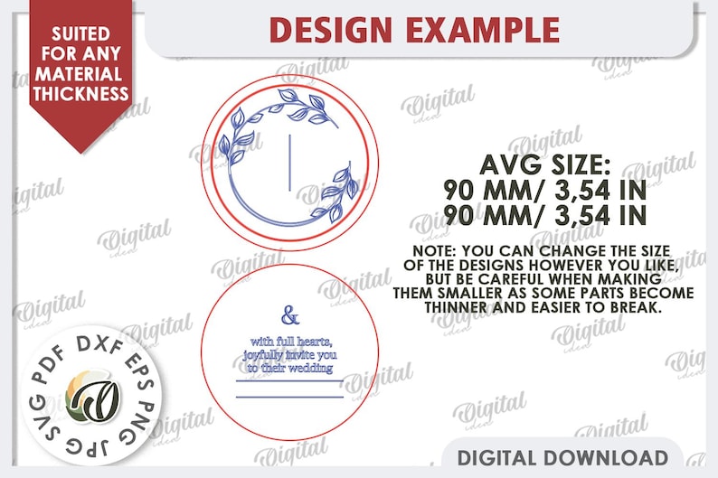 May include: Two round, red-bordered, blue-lined designs with a wreath of leaves and a blank space for text. The text "& with full hearts, joyfully invite you to their wedding" is on the bottom design. The text "AVG SIZE: 90 MM/ 3,54 IN 90 MM/ 3,54 IN" and "NOTE: YOU CAN CHANGE THE SIZE OF THE DESIGNS HOWEVER YOU LIKE, BUT BE CAREFUL WHEN MAKING THEM SMALLER AS SOME PARTS BECOME THINNER AND EASIER TO BREAK." is below the designs.