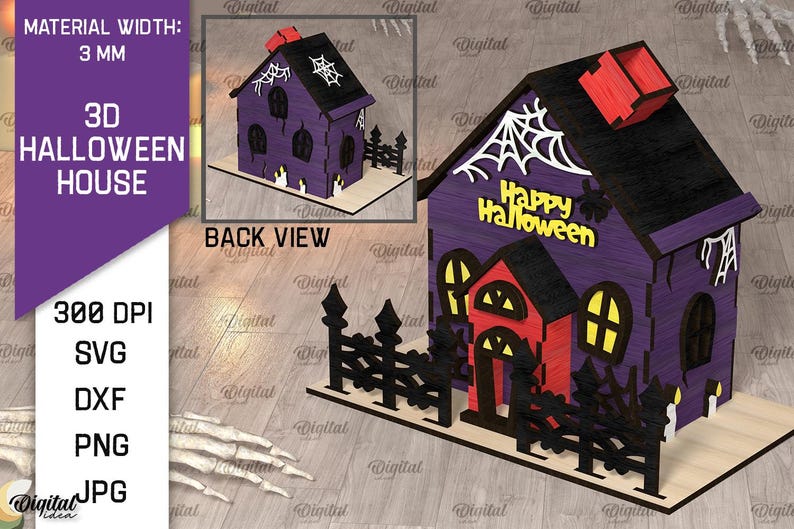 K&ouml;nnte beinhalten: Ein 3D-Halloweenhausmodell in Lila, Schwarz und Rot mit dem Text "Happy Halloween". Das Haus hat ein Spinnennetz-Design und einen kleinen Zaun. Die Materialbreite betr&auml;gt 3 mm.