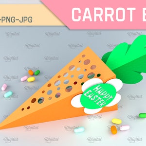 Pode incluir: Uma caixa em forma de cenoura imprim&iacute;vel em 3D com uma parte superior verde frondosa e uma flor branca com um c&iacute;rculo verde que diz "Feliz P&aacute;scoa". A caixa &eacute; projetada para conter pequenas guloseimas ou presentes.