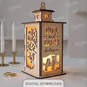 Paket med personliga bröllopslyktor, laserskurna teljushållare, värmeljuslykta, herr och fru svg, rustik blommig lampa bild 11