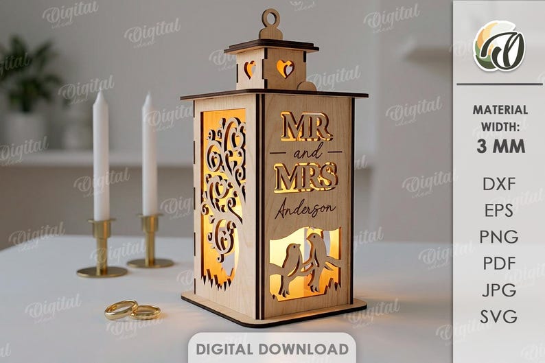 Paket med personliga bröllopslyktor, laserskurna teljushållare, värmeljuslykta, herr och fru svg, rustik blommig lampa bild 11
