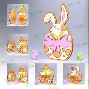 Paquete de porta tarjetas de regalo de Pascua en 3D, porta tarjetas de regalo cortado con láser, caja para porta tarjetas, regalo de Pascua, huevo de Pascua svg, conejito de Pascua svg, Feliz Pascua