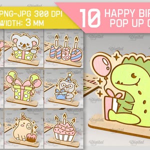 Paquete de tarjetas emergentes de cumpleaños 3D, tarjeta de felicitación de feliz cumpleaños cortada con láser, tarjeta de madera grabada svg, tarjeta personalizada svg, rompecabezas 3D svg