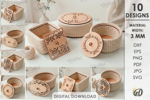 3D Crochet basket lid bases bundle, wooden lid base laser cut files, basket lid template svg, home decor, decorative basket lid, floral