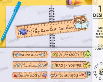 May include: A collection of ruler designs with educational themes. One ruler reads "The kindest teacher" and features an owl reading a book. Other rulers have names and school-related graphics. The image also includes a blue pen and the text "10 Designs".