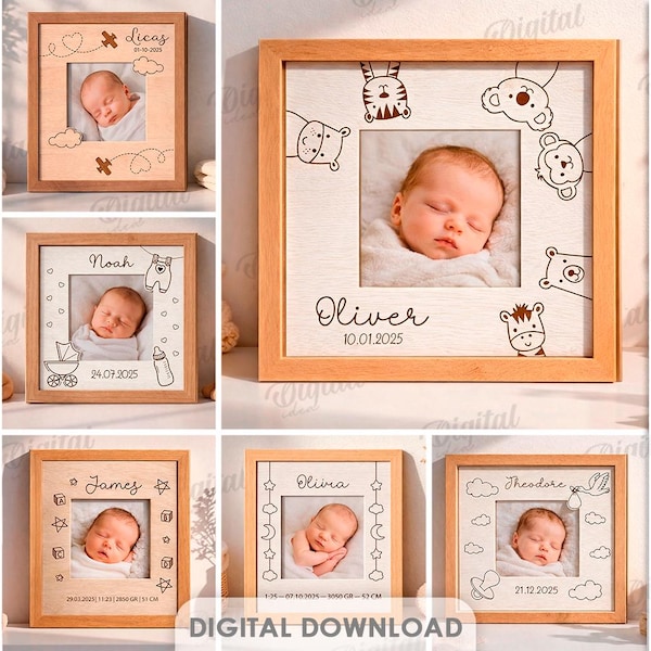 3D Newborn baby frames bundle, baby picture frame laser cut files, stats frame, new baby minimalist photo display, personalized svg