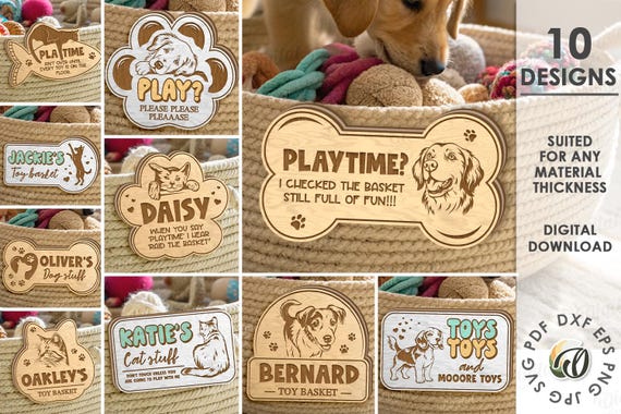 3D Pet Toy Basket Tag Bundle, Dog and Cat Toy Box Sign Laser Cut