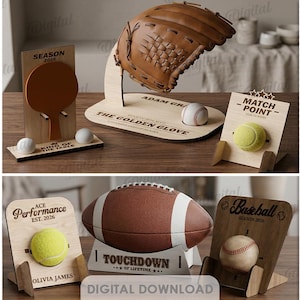 3D-sporttrofédisplaypaket, laserskurna souvenirställ, personlig basebollhandskedisplay svg, bollhållare, amerikansk fotboll, golf