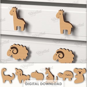 Lot de boutons de tiroir de chambre de bébé découpés au laser, poignées d'animaux de commode 3D, bouton en bois, chambre de bébé, poignées de meuble pour enfants, bouton de meuble svg