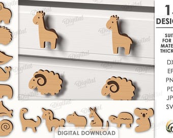 Baby nursery drawer knobs laser cut bundle, 3D dresser animal handles, wooden button, baby room, cabinet pulls for kids, furniture knob svg
