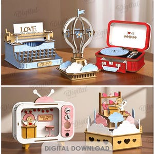 Könnte beinhalten: Eine Sammlung von fünf lasergeschnittenen Holzdesigns, darunter eine Schreibmaschine, ein Heißluftballon, ein Plattenspieler, ein Fernseher und eine Präsentation mit Herzen. Die Designs sind in verschiedenen Farben gehalten und zeigen das Wort "LOVE". Die Materialbreite beträgt 3 mm.