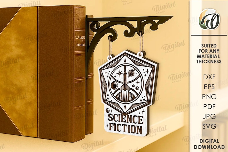 Peut inclure: Panneau de science-fiction noir et blanc avec une fus&eacute;e et des plan&egrave;tes, suspendu &agrave; un support noir d&eacute;coratif. Le panneau est devant deux livres bruns.