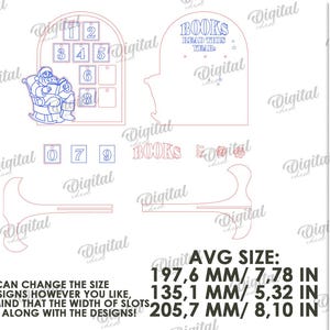 May include: A digital design for a Christmas-themed book stand. The design includes a Santa Claus illustration, numbers, and the text "BOOKS READ THIS YEAR". The average size is 7.78 inches wide, 5.32 inches high, and 8.10 inches deep.