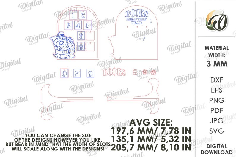May include: A digital design for a Christmas-themed book stand. The design includes a Santa Claus illustration, numbers, and the text "BOOKS READ THIS YEAR". The average size is 7.78 inches wide, 5.32 inches high, and 8.10 inches deep.