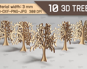 3D bomen laser gesneden bundel, vrijstaande bomen, boom met harten SVG, houten huisdecor, stamboom, wensboom lasercut, rustieke stand SVG