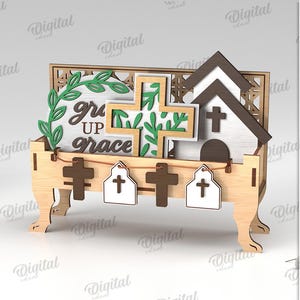 3D Christian Interchangeable bench stand, tiered tray decor laser cut, home decoration display svg, wooden sign, religious quotes, banner