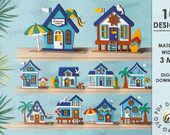 3D Summer houses bundle, layered house stand laser cut, wooden summer home decor, cute standing vacation house, beach shelf sitter svg