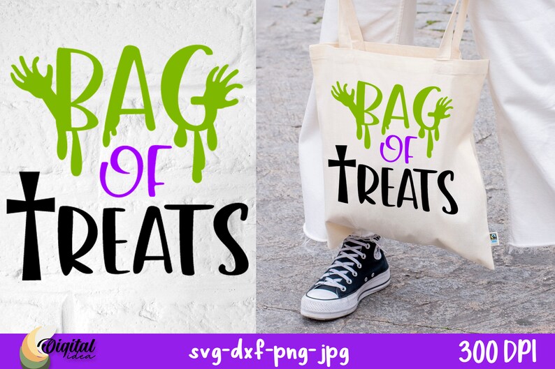 Op de afbeelding: Een witte tote bag met een zwart en groen ontwerp met de tekst "Bag of Treats" met een kruis en druppelende groene handen. De tas wordt vastgehouden door een persoon die een witte broek en zwarte schoenen draagt.