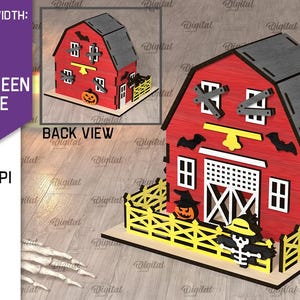 K&ouml;nnte beinhalten: Ein rotes 3D-Halloweenhausmodell mit grauem Dach, K&uuml;rbis, Flederm&auml;usen und einer Vogelscheuche. Das Modell enth&auml;lt einen Zaun und den Text "3D Halloween House".