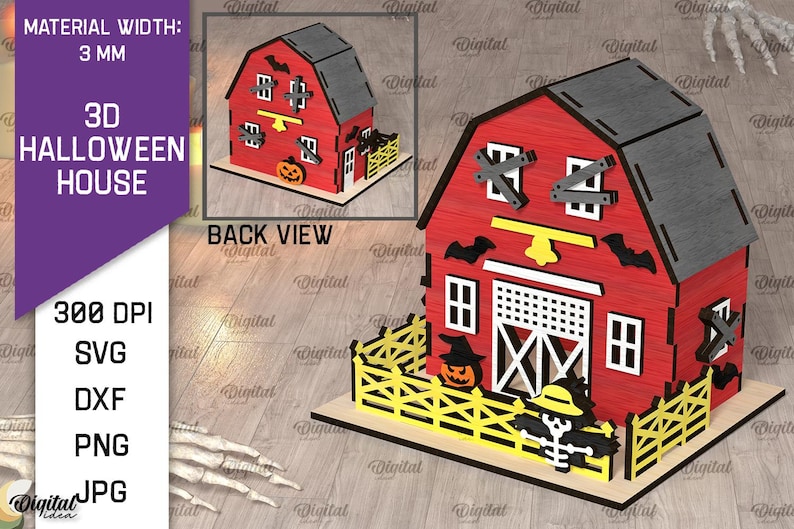 K&ouml;nnte beinhalten: Ein rotes 3D-Halloweenhausmodell mit grauem Dach, K&uuml;rbis, Flederm&auml;usen und einer Vogelscheuche. Das Modell enth&auml;lt einen Zaun und den Text "3D Halloween House".