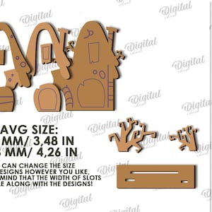 May include: A brown wooden Halloween craft kit featuring a haunted house, arches, and other decorative elements. The average size is 88 mm by 108 mm. The material width is 3 mm. Digital download.