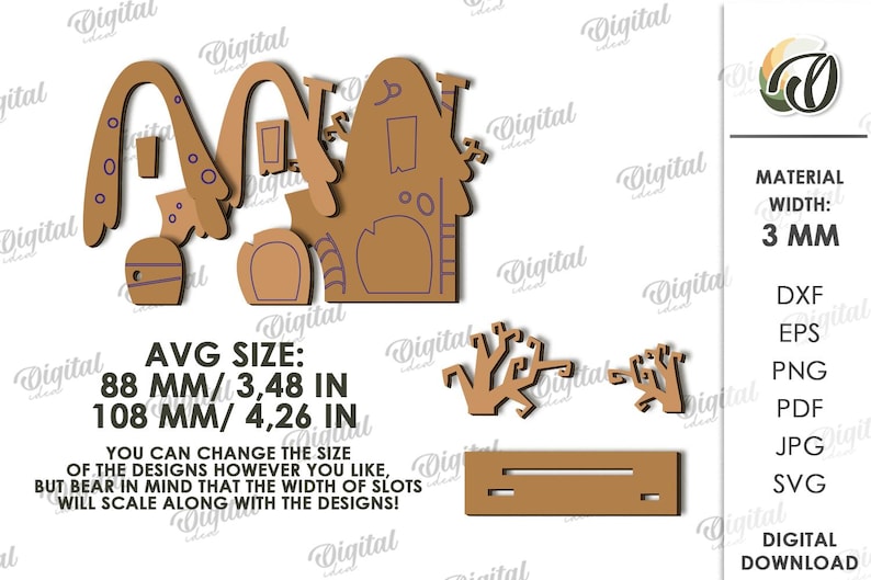 May include: A brown wooden Halloween craft kit featuring a haunted house, arches, and other decorative elements. The average size is 88 mm by 108 mm. The material width is 3 mm. Digital download.