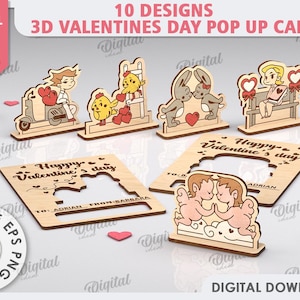 Lot de cartes pop-up 3D Saint-Valentin, carte de voeux Saint-Valentin découpée au laser, svg de carte en bois personnalisé, puzzle 3D, joyeuse Saint-Valentin